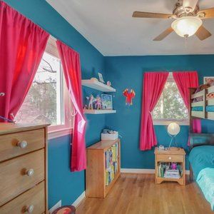 2 Dark pink, black-out curtains and 4 white hooks